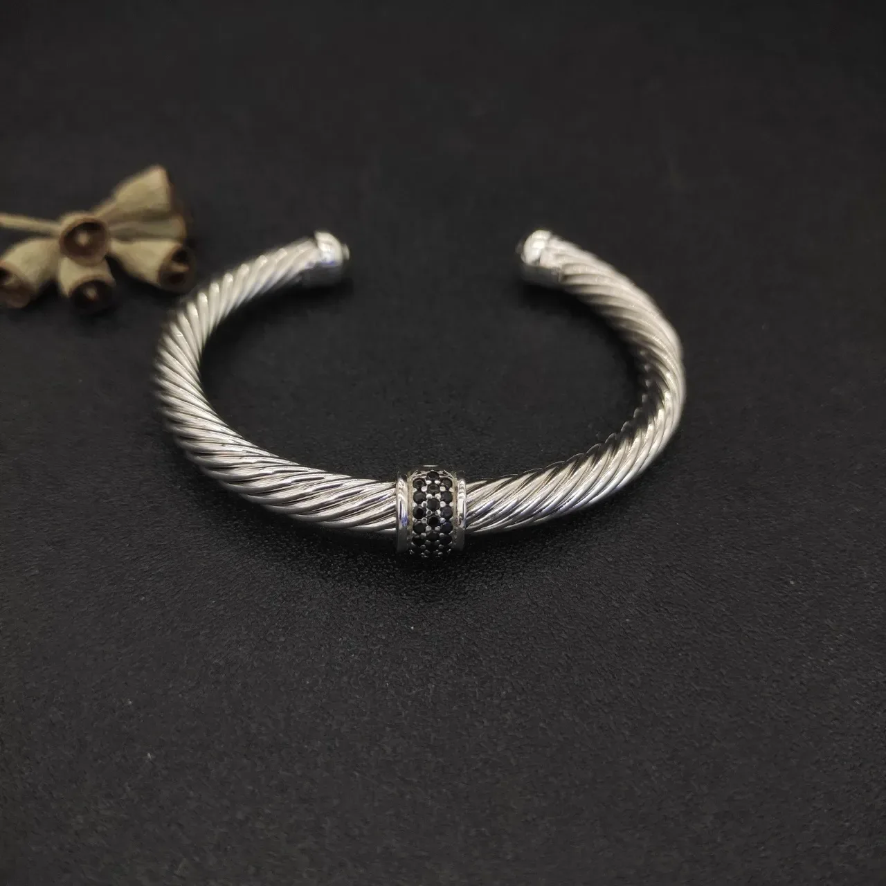 David Yurman Cable Classic Silver Black Twisted Pavé Stones Bracelet 9