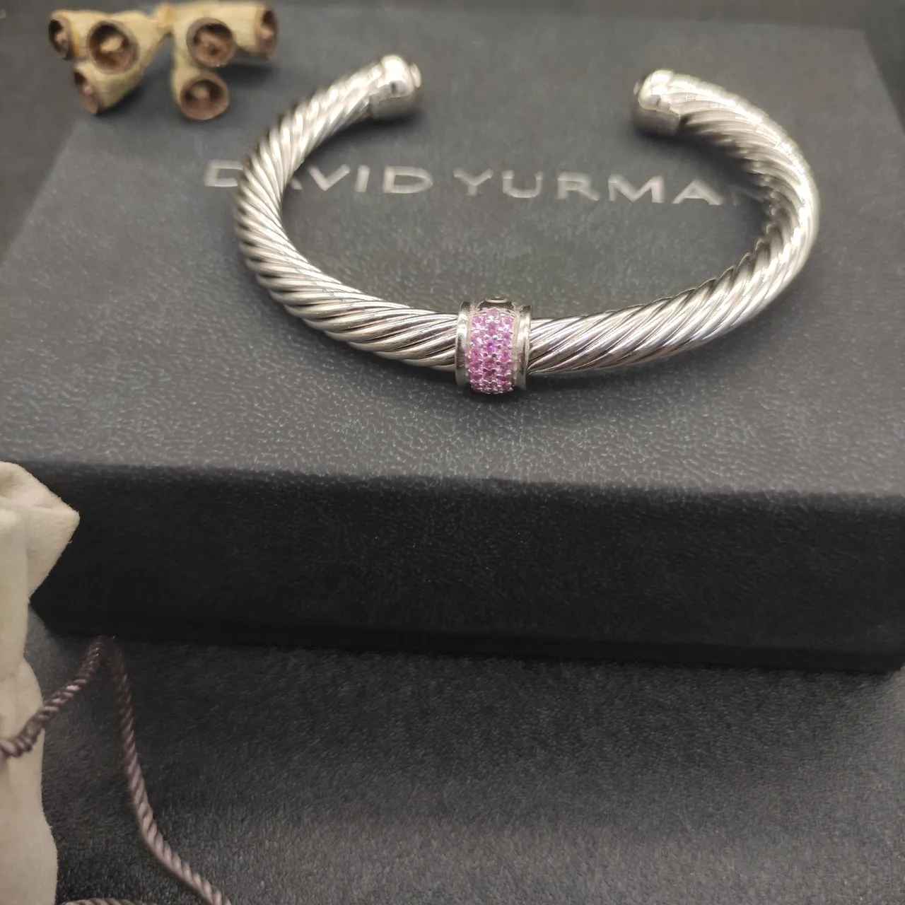 David Yurman Cable Classics Charm Bangle Silver Pink Twisted Pavé Bracelet 2