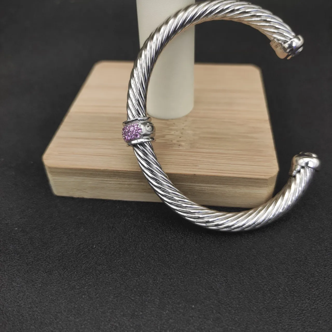 David Yurman Cable Classics Charm Bangle Silver Pink Twisted Pavé Bracelet 6