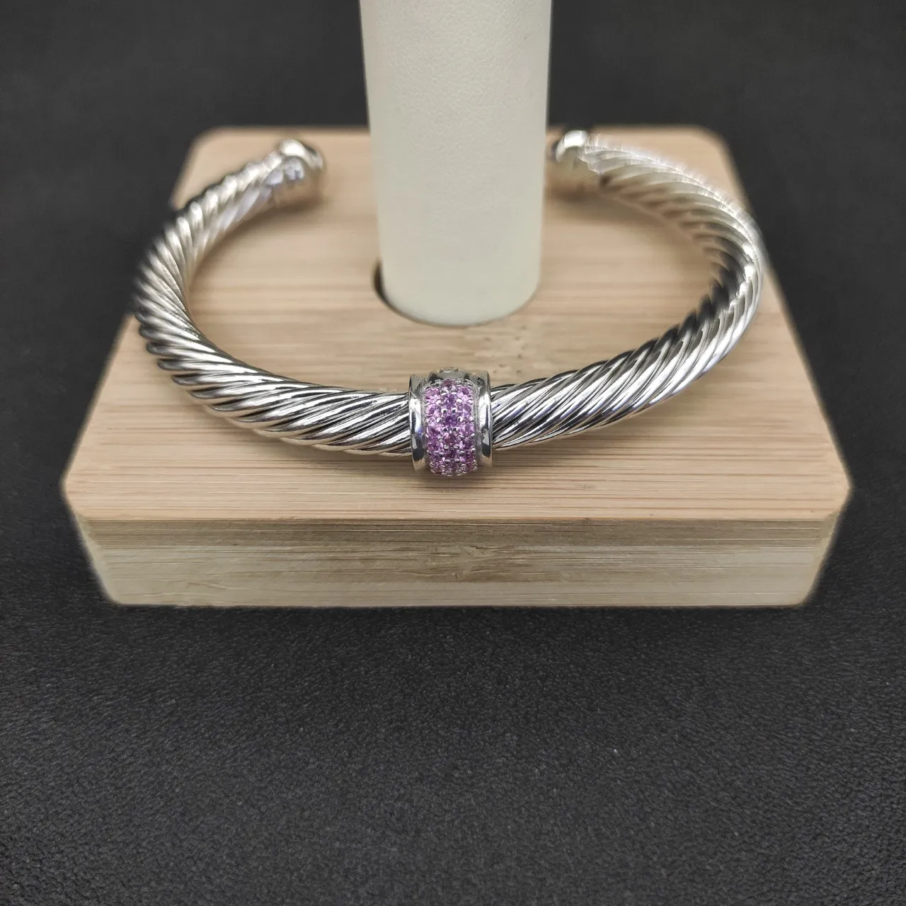 David Yurman Cable Classics Charm Bangle Silver Pink Twisted Pavé Bracelet 7