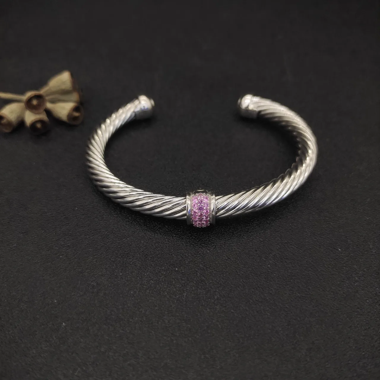 David Yurman Cable Classics Charm Bangle Silver Pink Twisted Pavé Bracelet 8