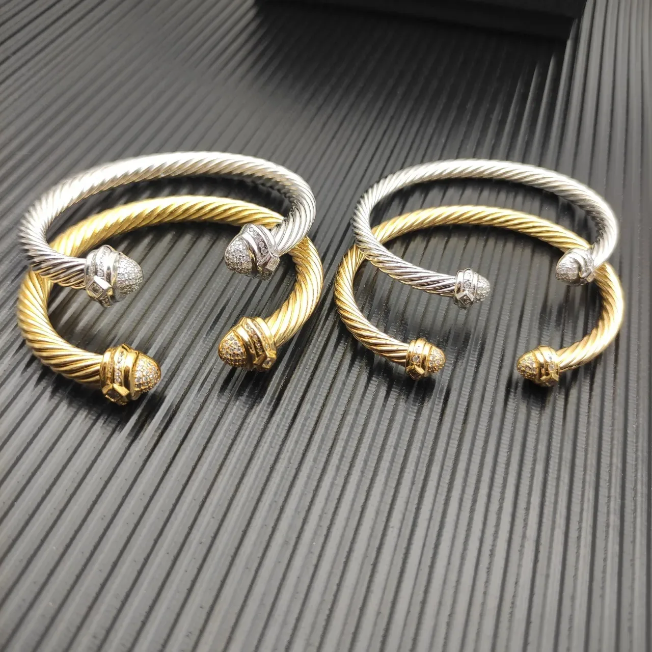 David Yurman Cable Classics Silver Beige Twisted Pavé Diamond End Caps Bracelet 4