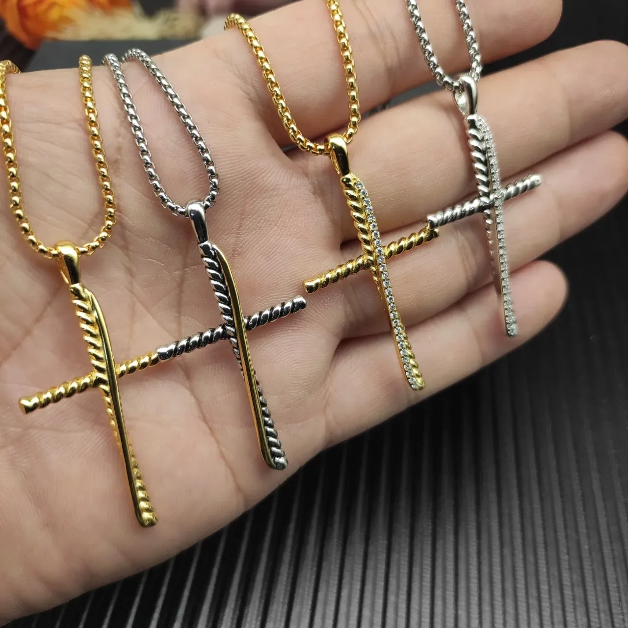 David Yurman Cable Collectibles Cross Gold White Twisted Construction Pavé-Set Vertical Arm Necklace 2