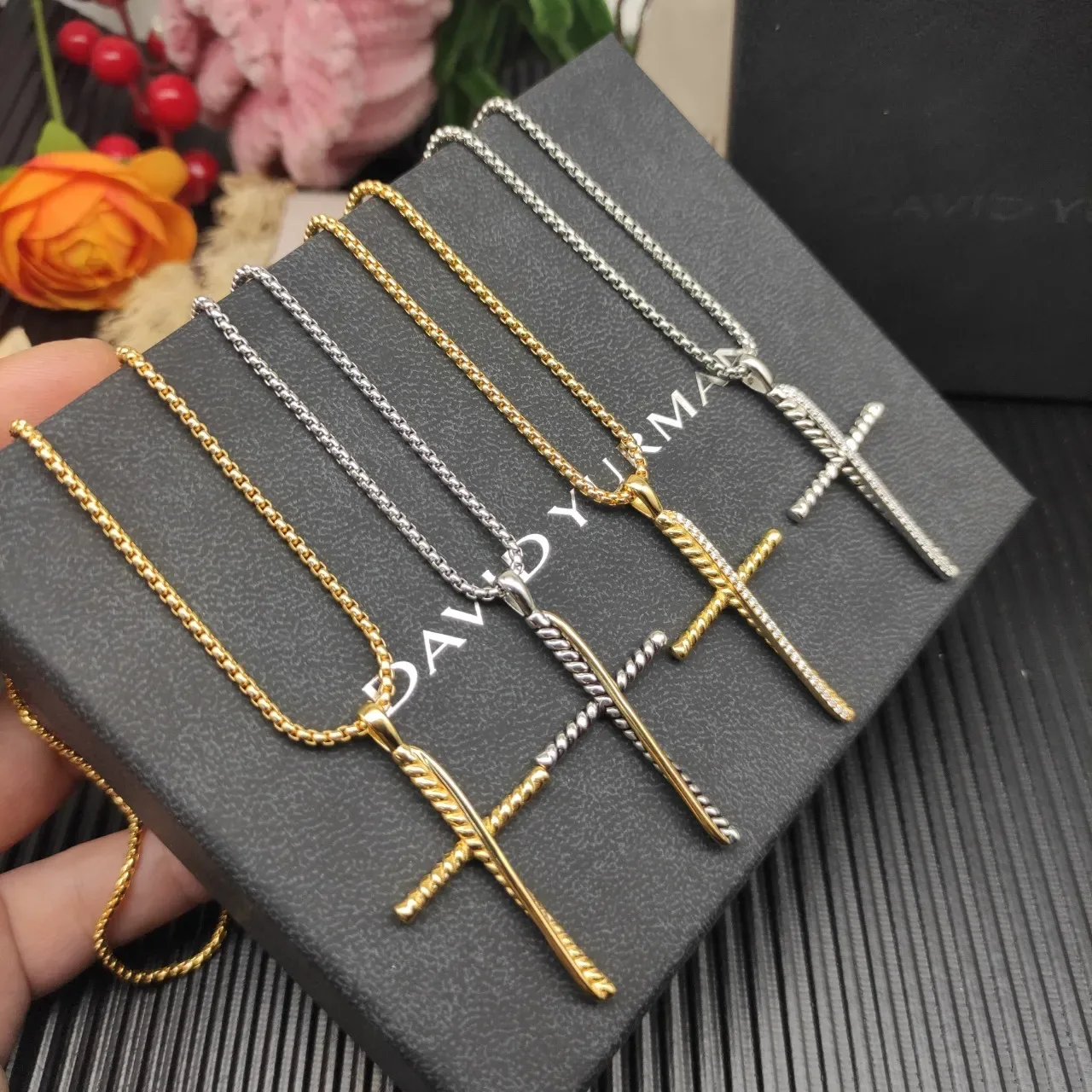 David Yurman Cable Collectibles Cross Gold White Twisted Construction Pavé-Set Vertical Arm Necklace 3