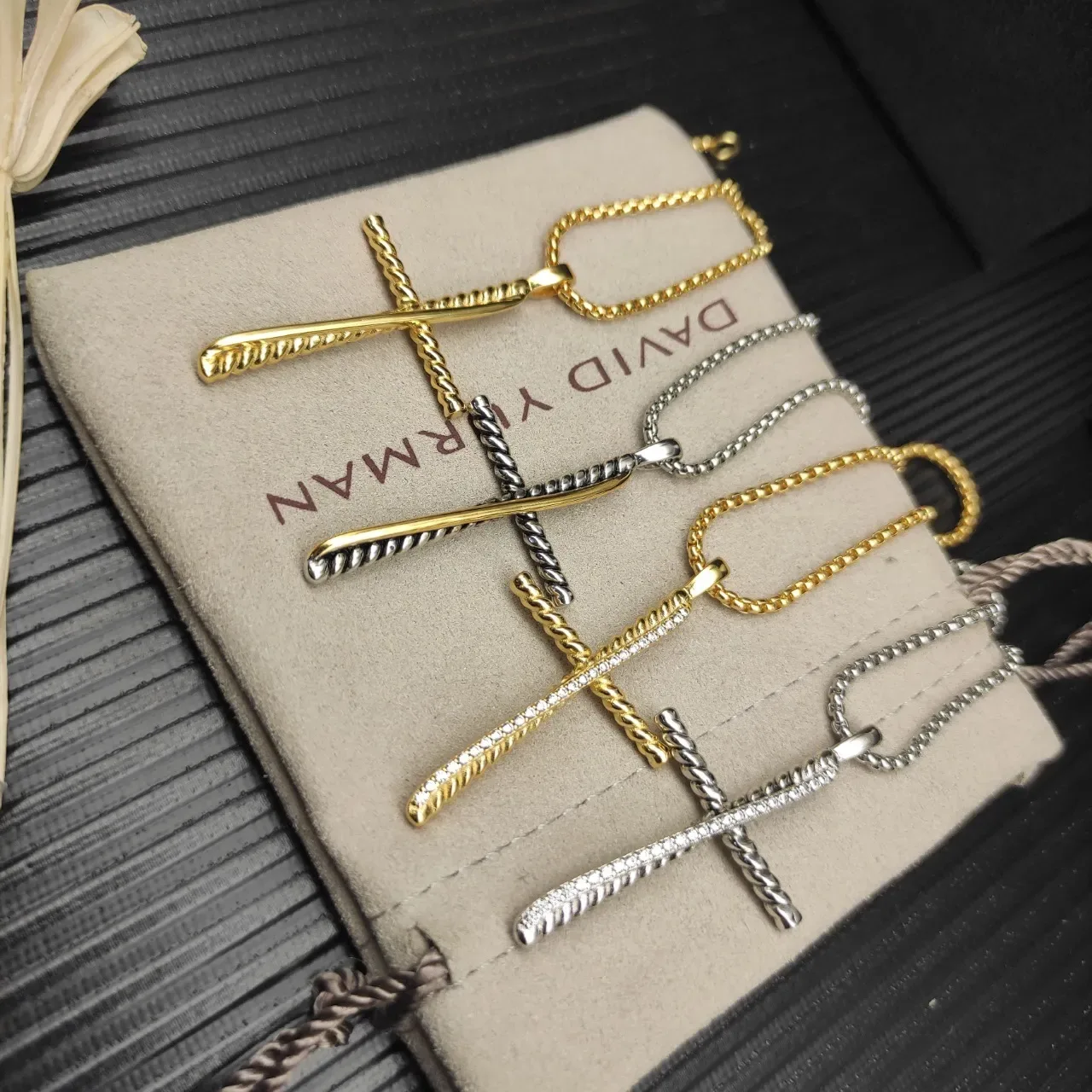 David Yurman Cable Collectibles Cross Gold White Twisted Construction Pavé-Set Vertical Arm Necklace 4