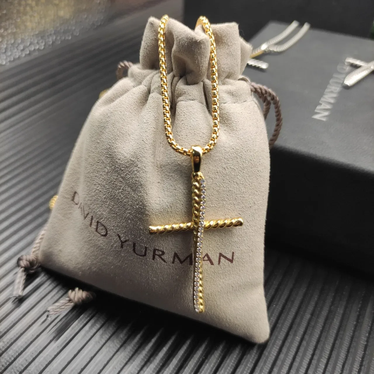 David Yurman Cable Collectibles Cross Gold White Twisted Construction Pavé-Set Vertical Arm Necklace 5