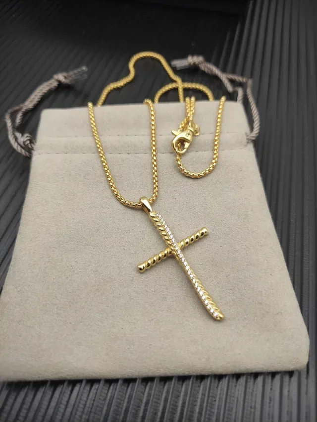 David Yurman Cable Collectibles Cross Gold White Twisted Construction Pavé-Set Vertical Arm Necklace 9