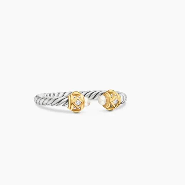 David Yurman Cable Pearl End Silver Gold Twisted Band Two-Tone Metal Ring 4