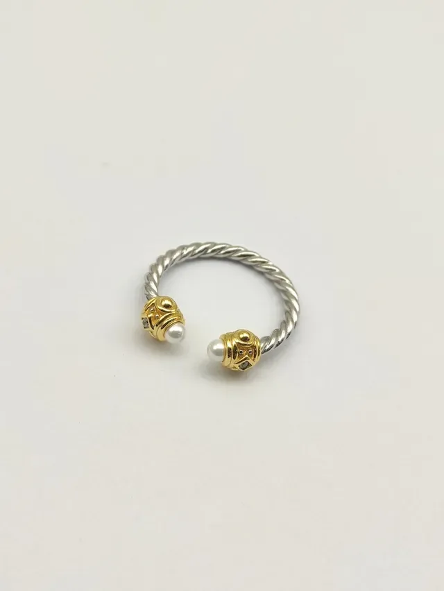 David Yurman Cable Pearl End Silver Gold Twisted Band Two-Tone Metal Ring 5