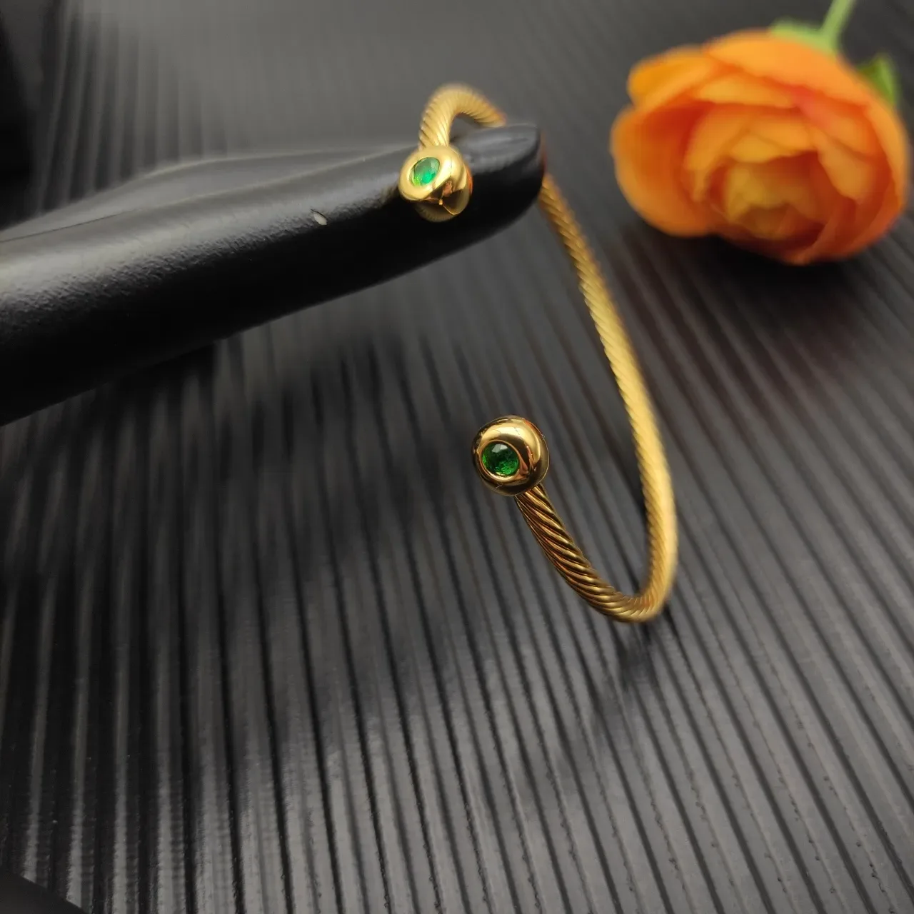 David Yurman Gold Green Twisted Cable Band Spherical Bezel-Set Gemstones Bracelet 4