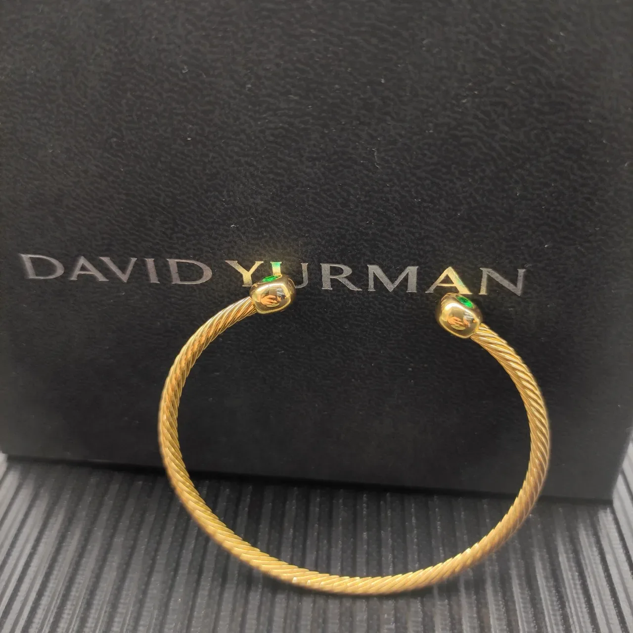 David Yurman Gold Green Twisted Cable Band Spherical Bezel-Set Gemstones Bracelet 7