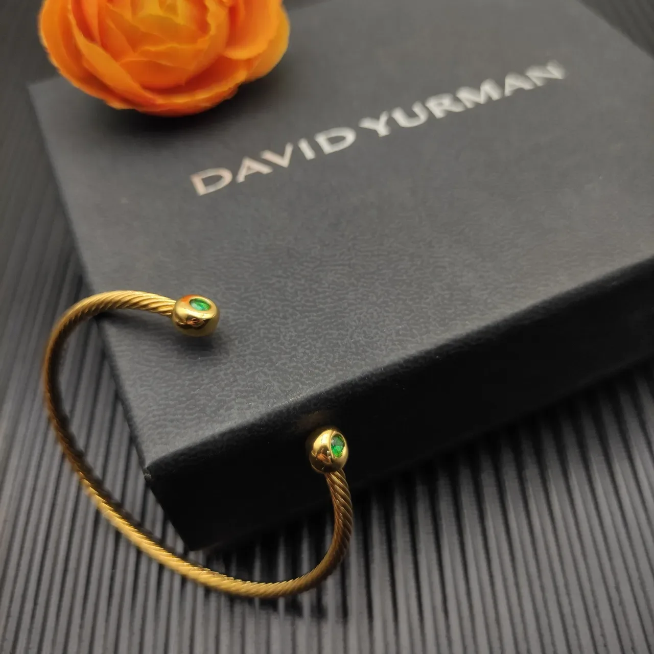 David Yurman Gold Green Twisted Cable Band Spherical Bezel-Set Gemstones Bracelet 8