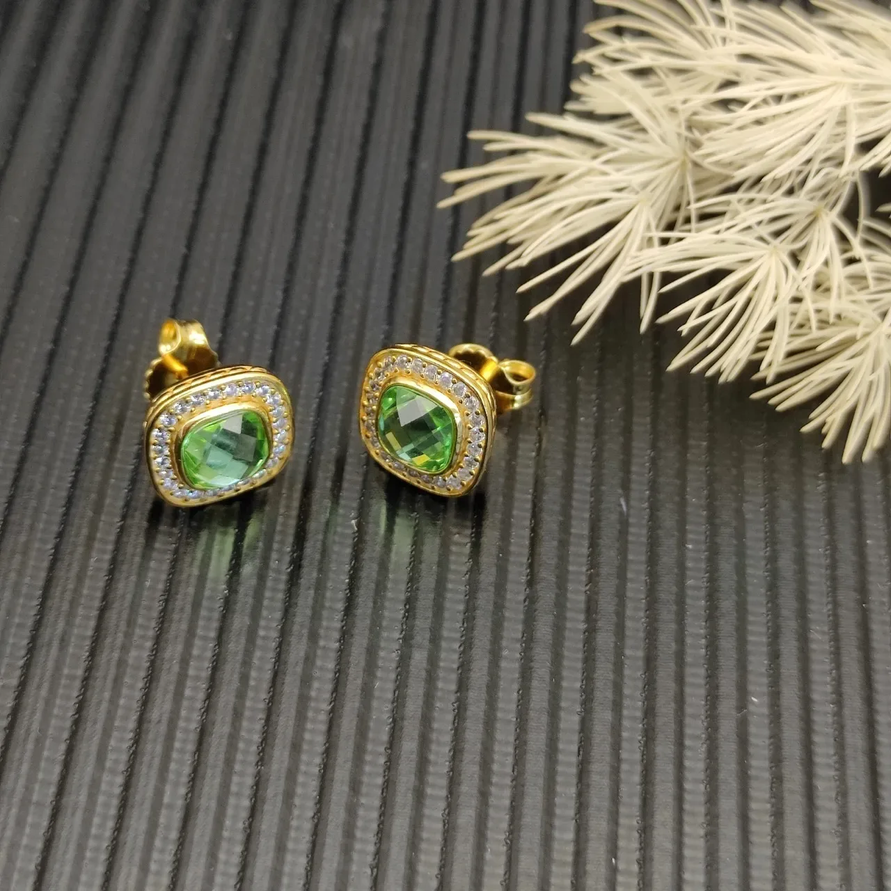 David Yurman Gold-Tone Faceted Green Stone Pavé Halo Stud Earrings 6