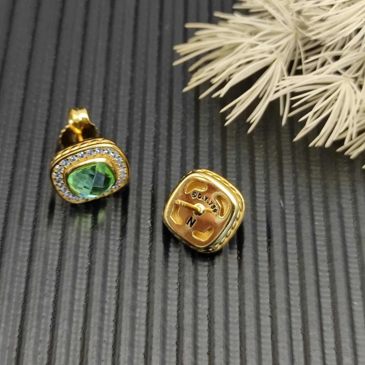 David Yurman Gold-Tone Faceted Green Stone Pavé Halo Stud Earrings 7