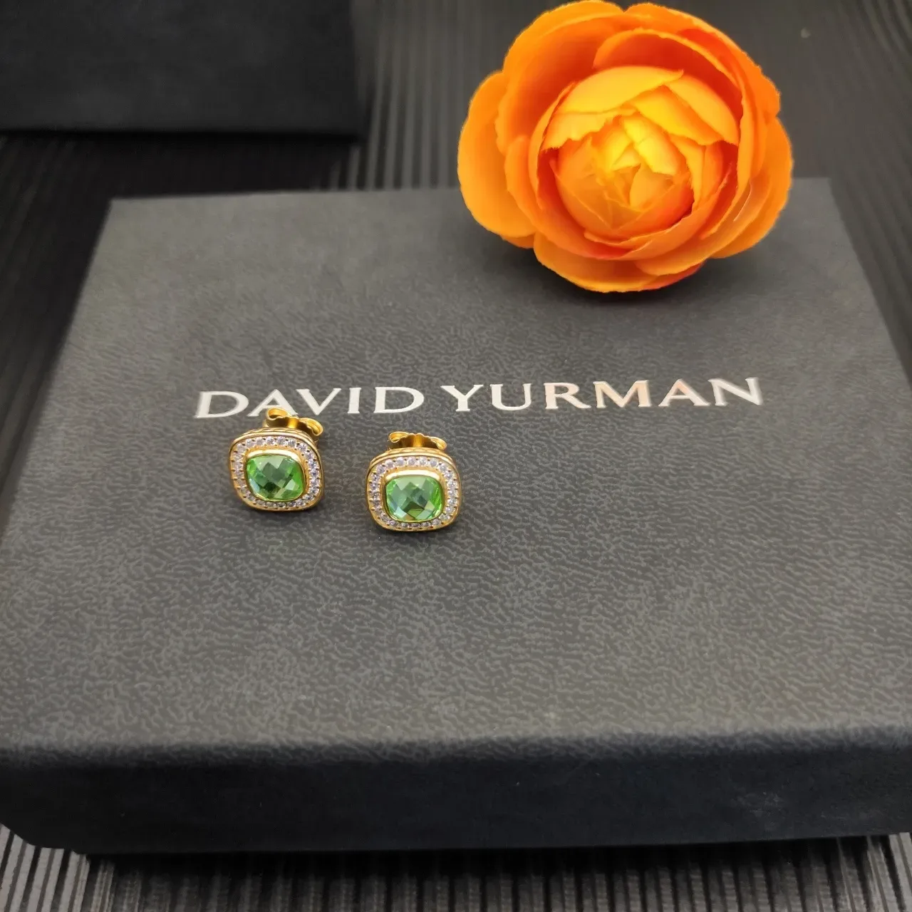 David Yurman Gold-Tone Faceted Green Stone Pavé Halo Stud Earrings 8