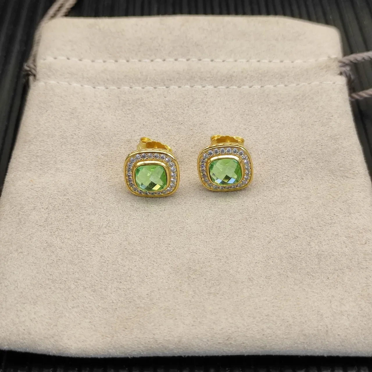 David Yurman Gold-Tone Faceted Green Stone Pavé Halo Stud Earrings 9