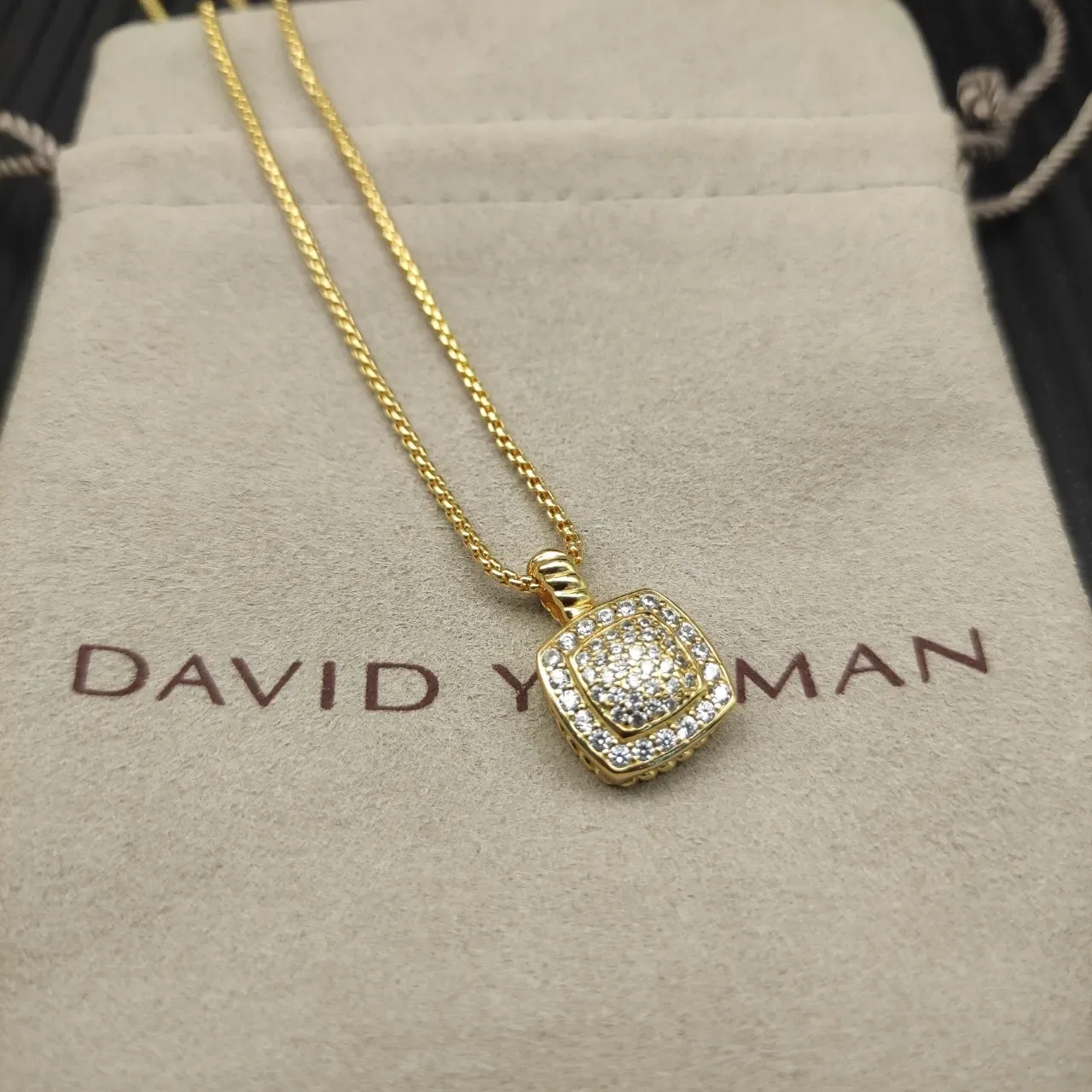 David Yurman Gold White Square Pave Pendant Twisted Cable Bail Necklace 2