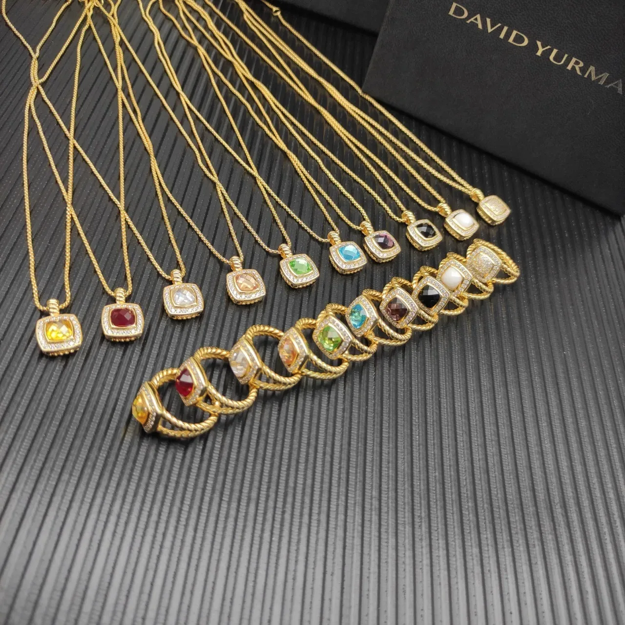 David Yurman Gold White Square Pave Pendant Twisted Cable Bail Necklace 3