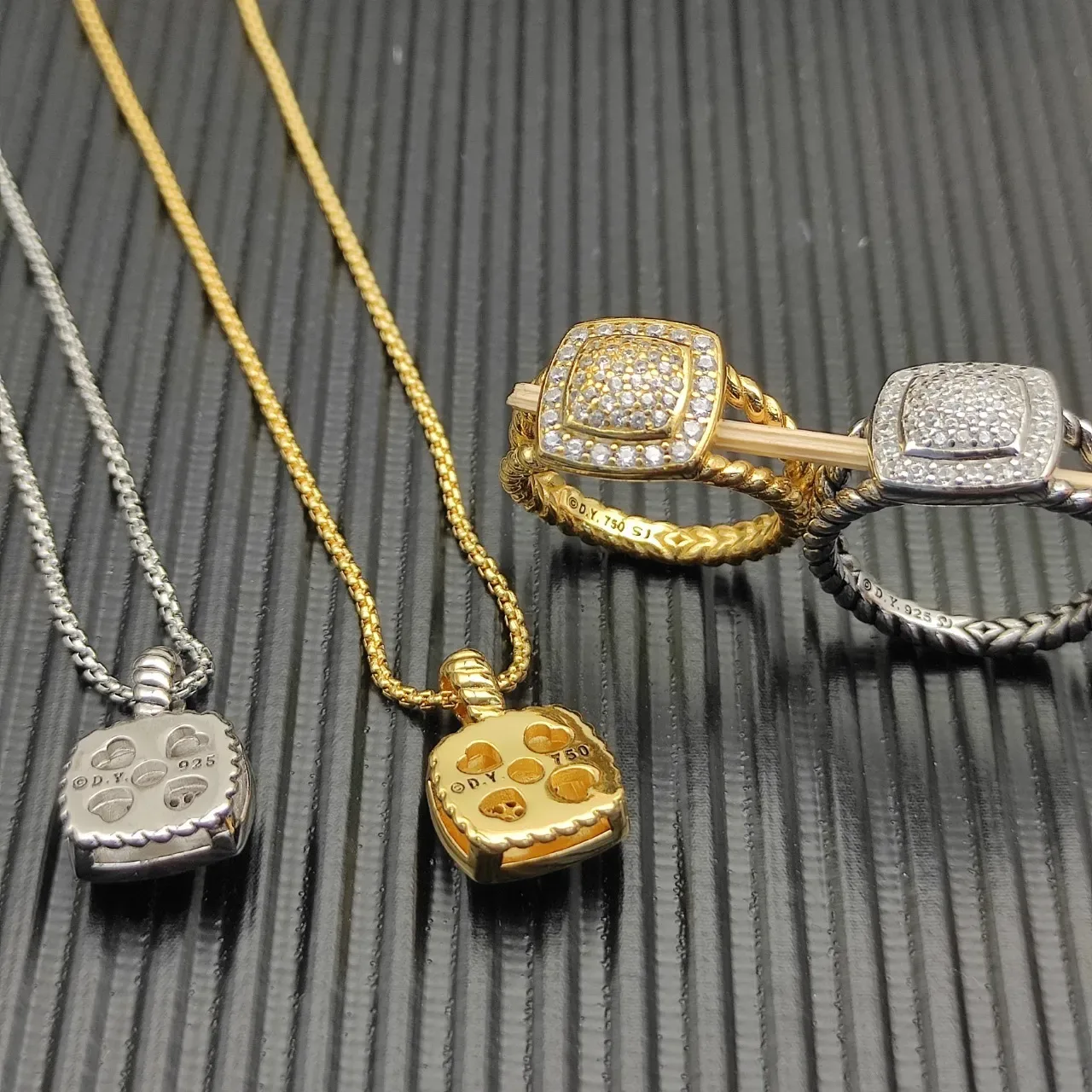 David Yurman Gold White Square Pave Pendant Twisted Cable Bail Necklace 4