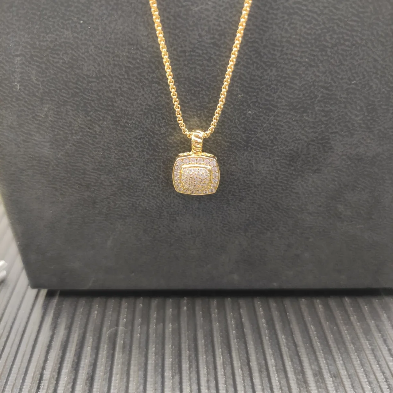 David Yurman Gold White Square Pave Pendant Twisted Cable Bail Necklace 5