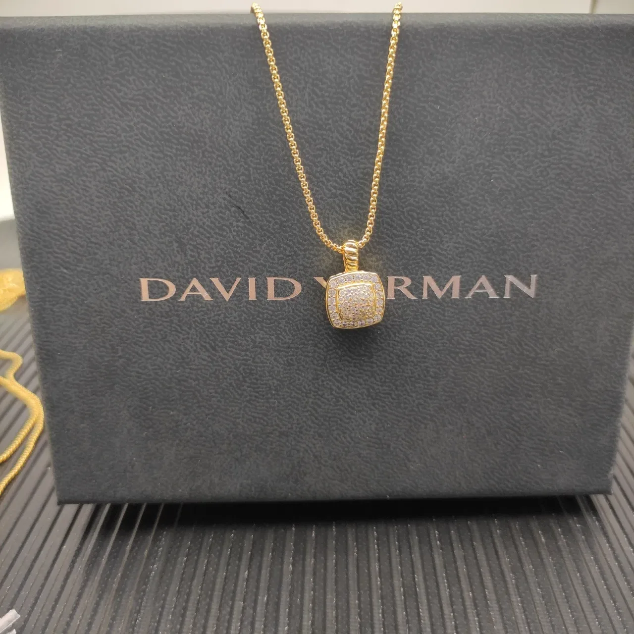 David Yurman Gold White Square Pave Pendant Twisted Cable Bail Necklace 6
