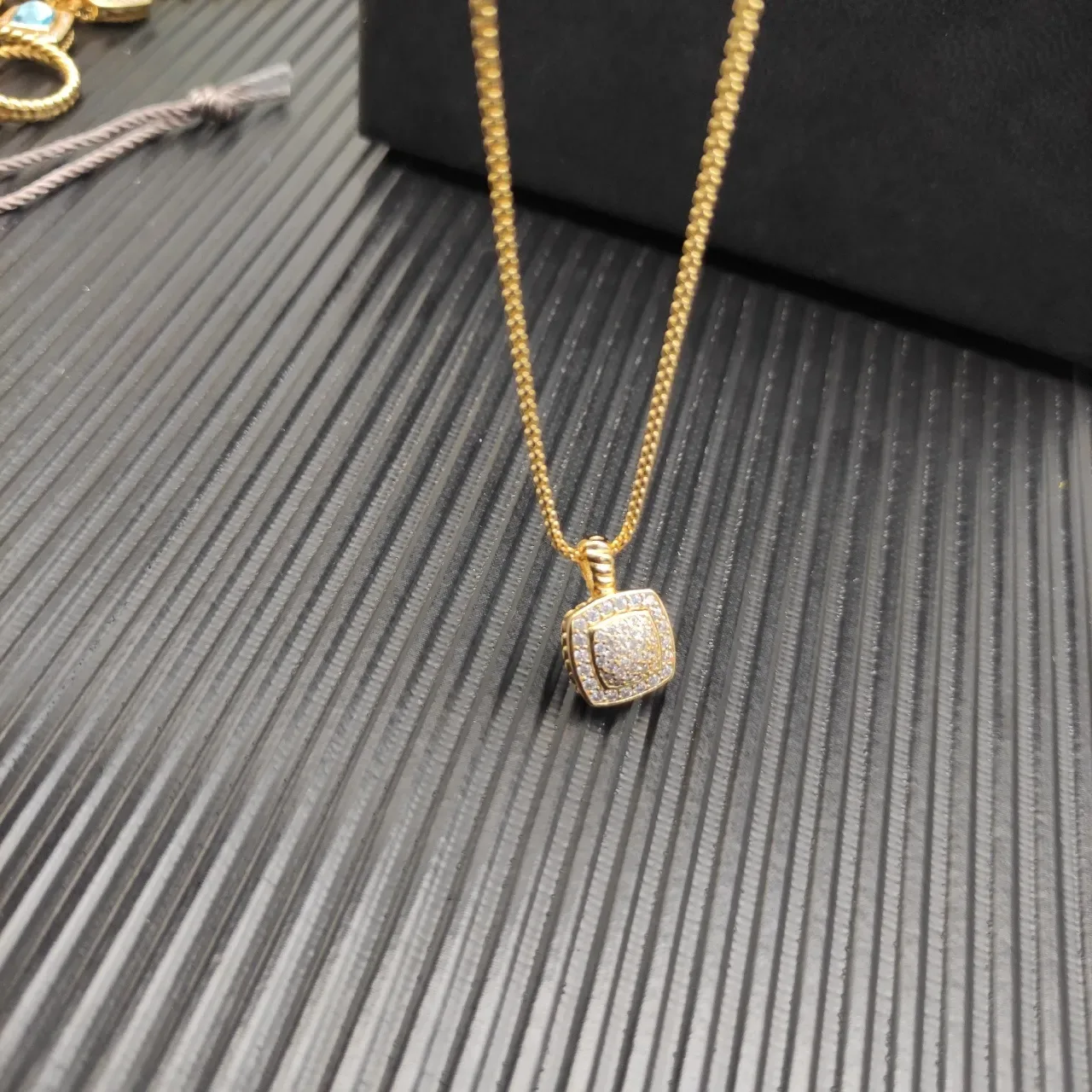David Yurman Gold White Square Pave Pendant Twisted Cable Bail Necklace 7