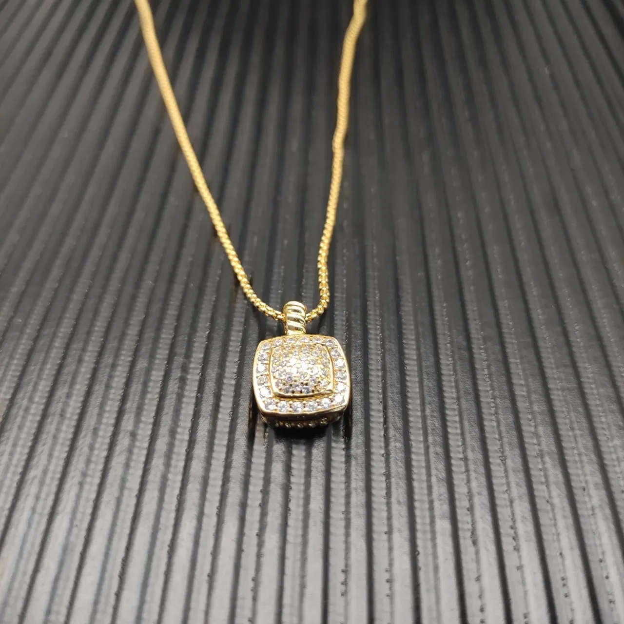 David Yurman Gold White Square Pave Pendant Twisted Cable Bail Necklace 8