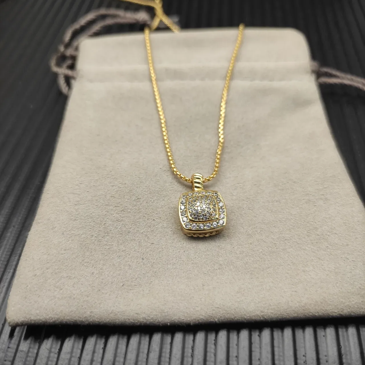 David Yurman Gold White Square Pave Pendant Twisted Cable Bail Necklace 9