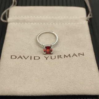 David Yurman Red Silver Twisted Cable Band Cushion-Cut Gemstone Ring
