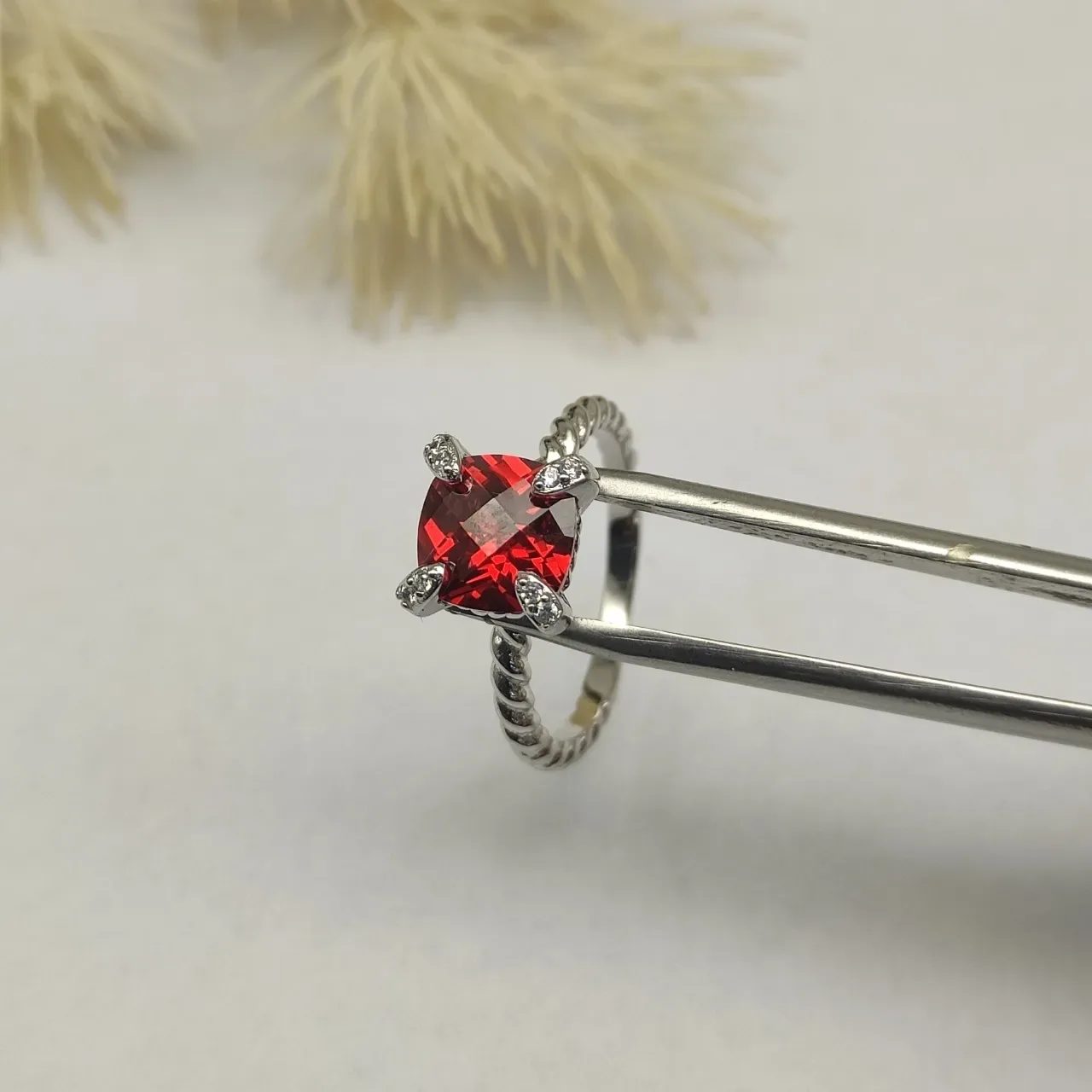 David Yurman Red Silver Twisted Cable Band Cushion-Cut Gemstone Ring 5