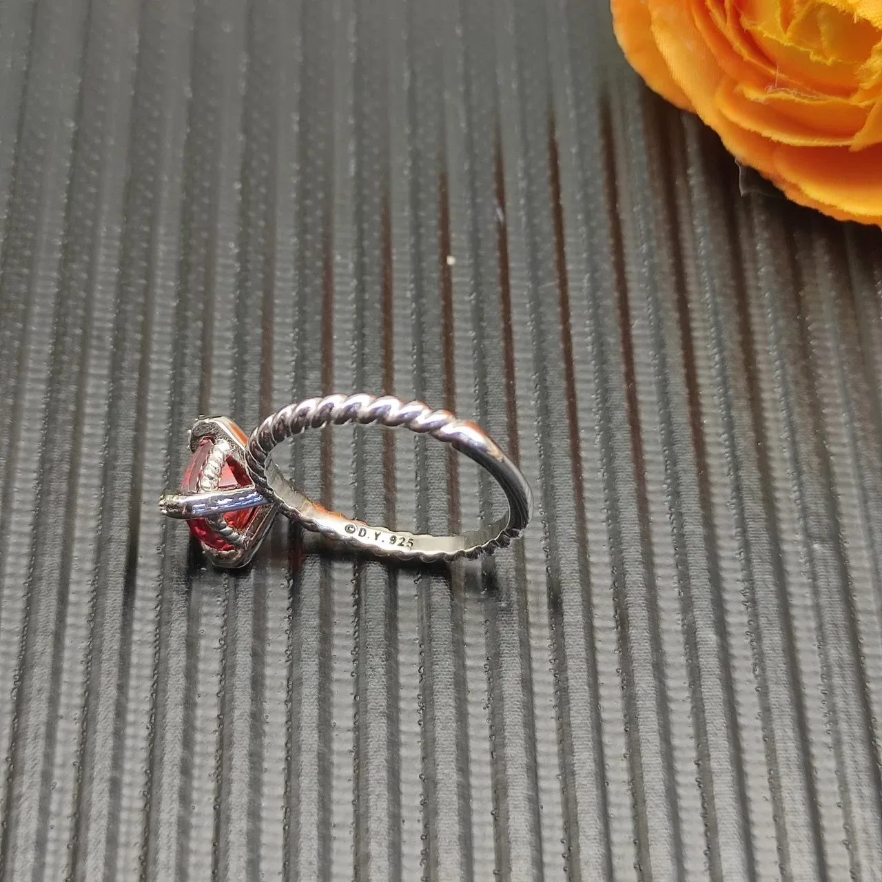 David Yurman Red Silver Twisted Cable Band Cushion-Cut Gemstone Ring 7