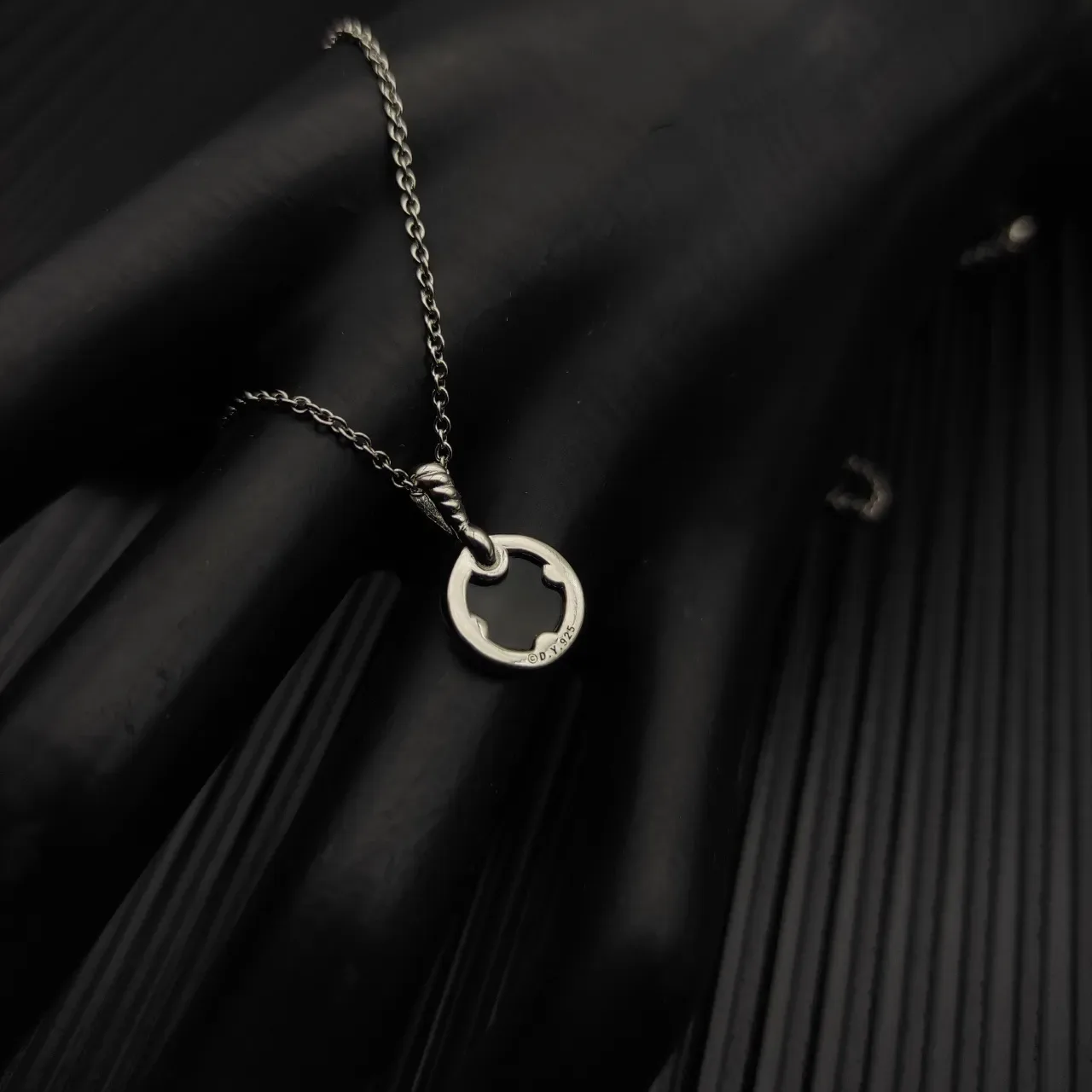 David Yurman Silver Black Cable-Link Chain Disc Center Necklace 4