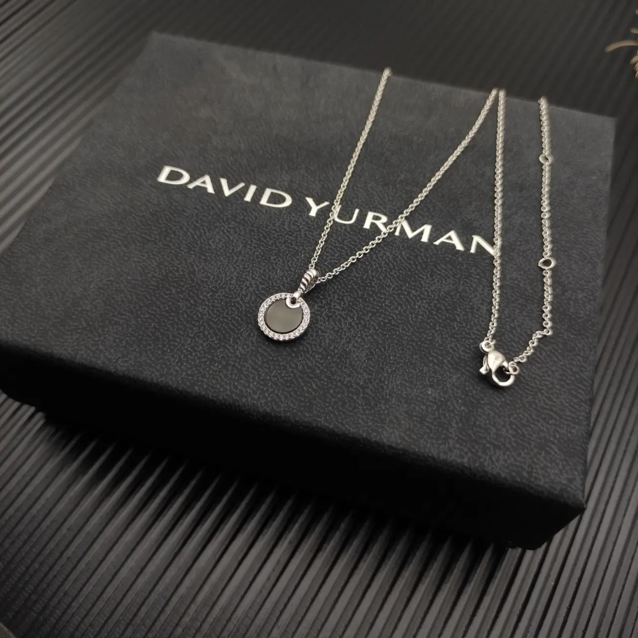 David Yurman Silver Black Cable-Link Chain Disc Center Necklace 5
