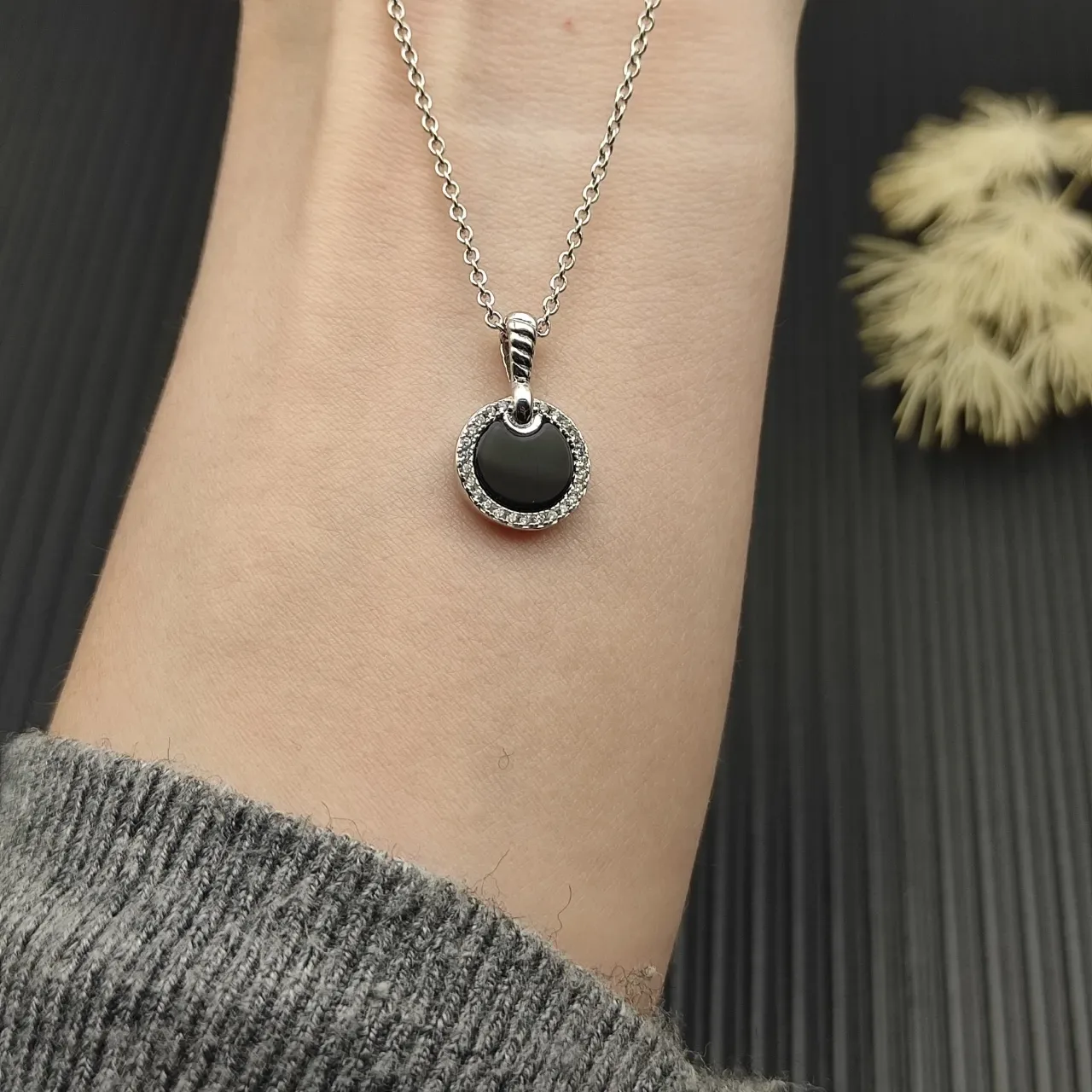 David Yurman Silver Black Cable-Link Chain Disc Center Necklace 6