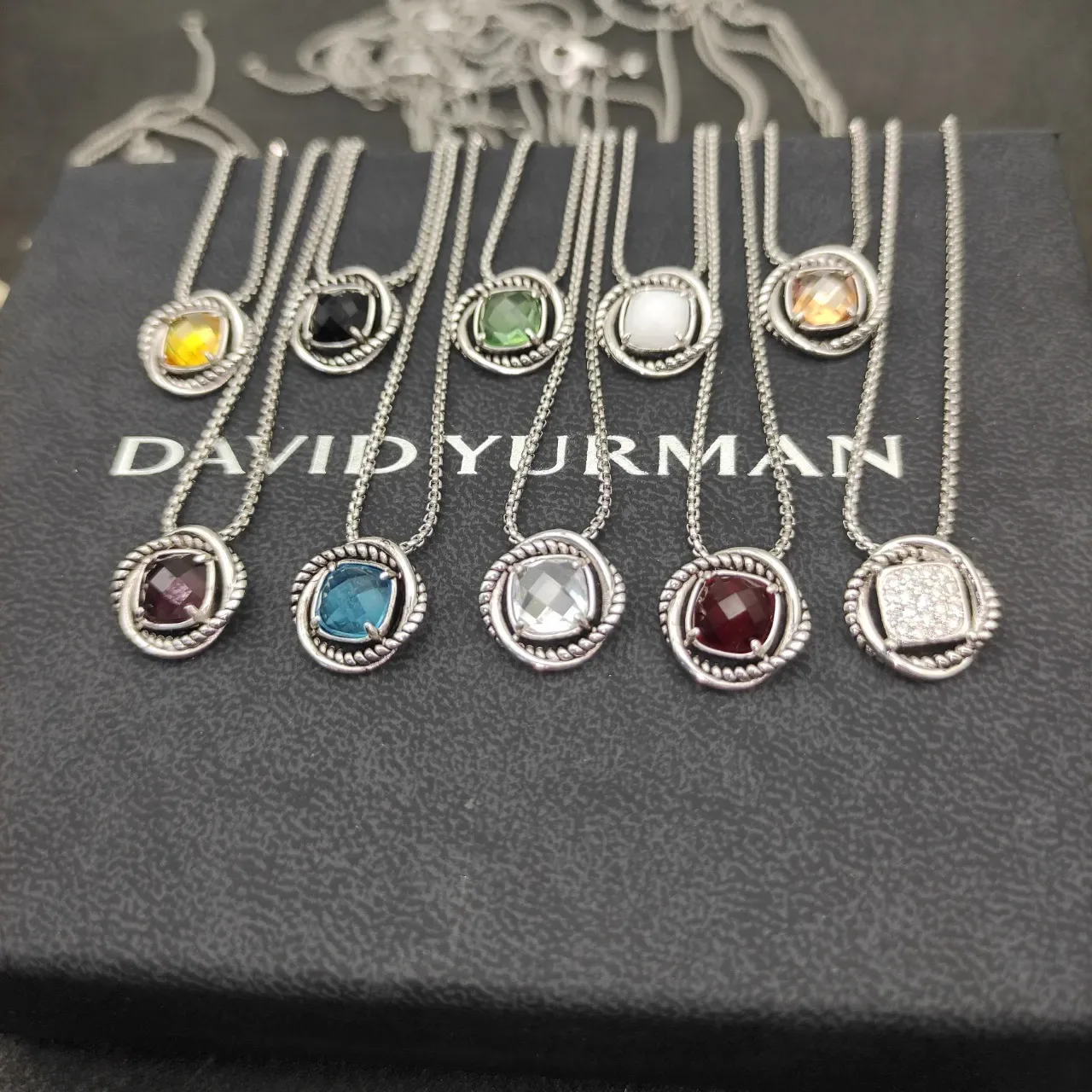 David Yurman Silver Multicolor Rope-Edge Bezel Cushion-Cut Gemstones Necklace 1