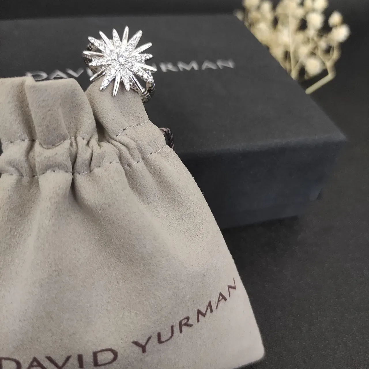 David Yurman Starburst Silver Beige Motif Pavé-Set Stones Ring 2