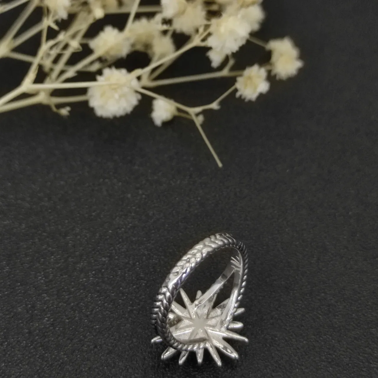 David Yurman Starburst Silver Beige Motif Pavé-Set Stones Ring 6