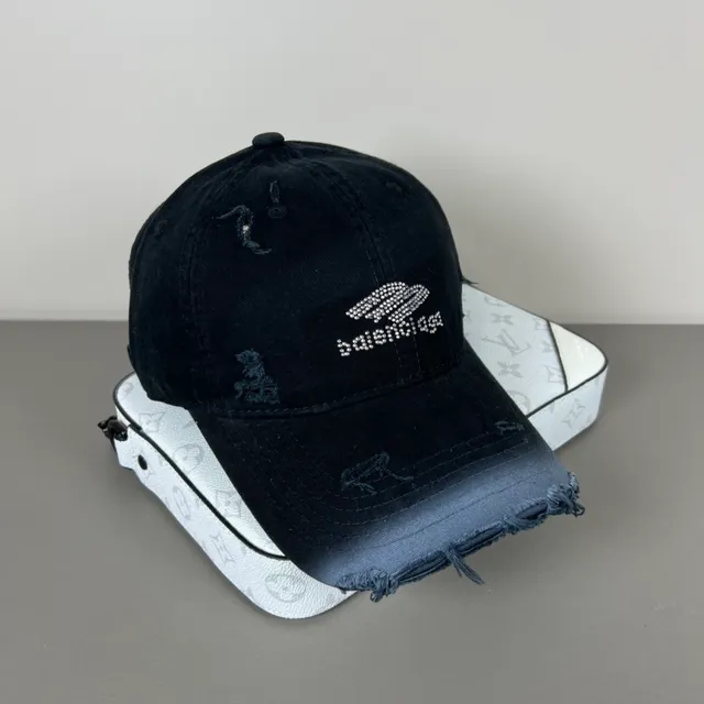 Distressed Black Frayed Brim Rhinestone Logo Baseball Cap 4