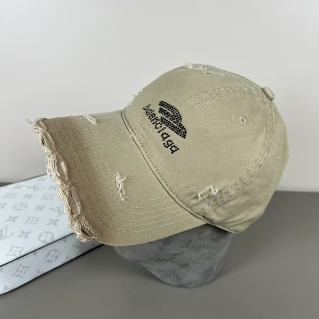 Distressed Black Frayed Brim Rhinestone Logo Baseball Cap 6