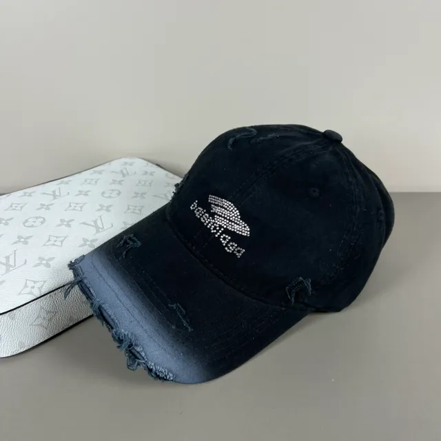 Distressed Black Frayed Brim Rhinestone Logo Baseball Cap 9
