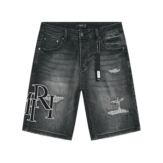 Distressed Dark Wash Embroidered Monogram Denim Shorts 2