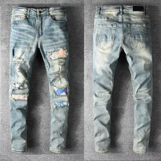 Distressed Patchwork Light-Wash Slim-Fit Jeans