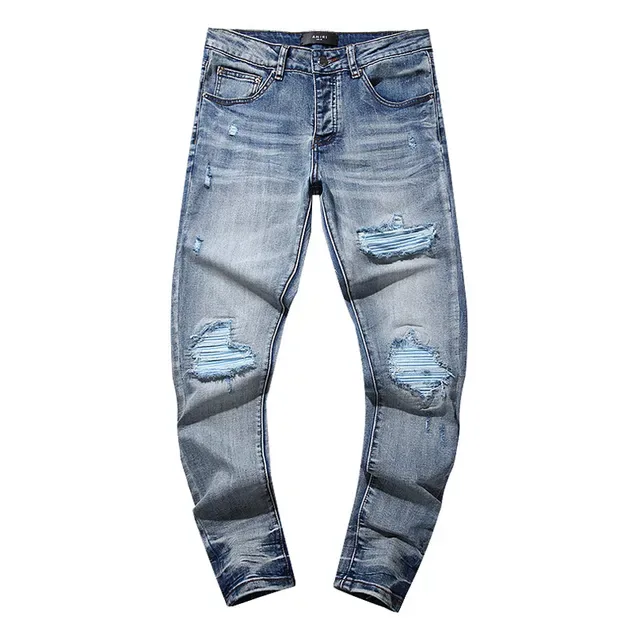 Distressed Slim-Tapered Ripped Blue Denim Jeans 2