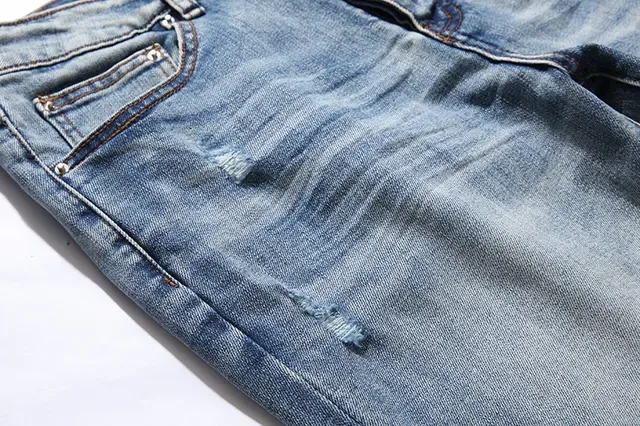 Distressed Slim-Tapered Ripped Blue Denim Jeans 14