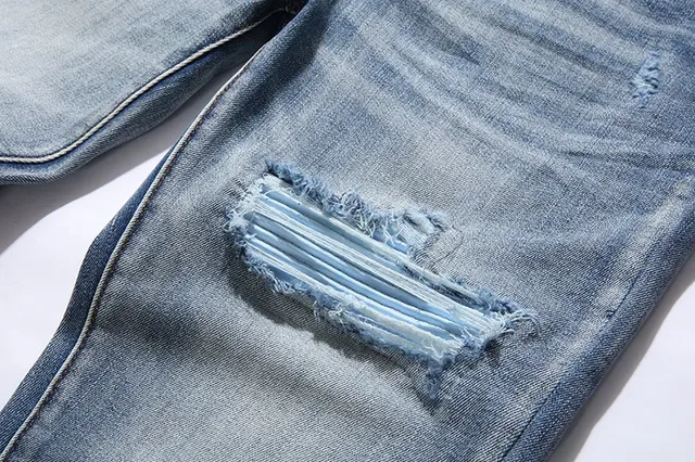 Distressed Slim-Tapered Ripped Blue Denim Jeans 15