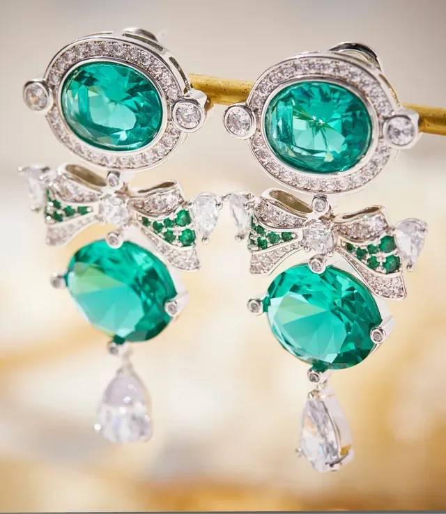 Emerald and Diamond Bow Motif Drop Earrings 2