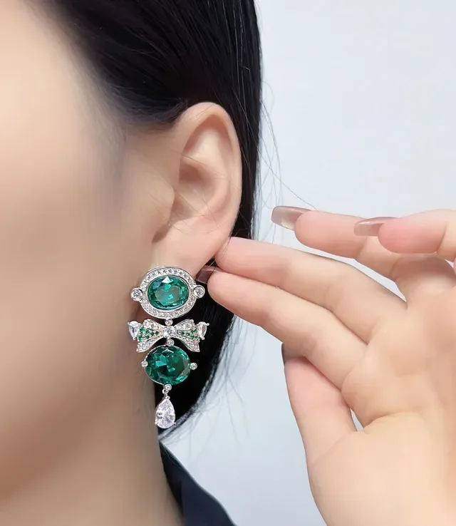 Emerald and Diamond Bow Motif Drop Earrings 7