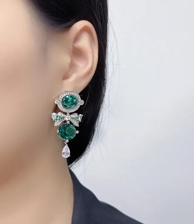 Emerald and Diamond Bow Motif Drop Earrings 8