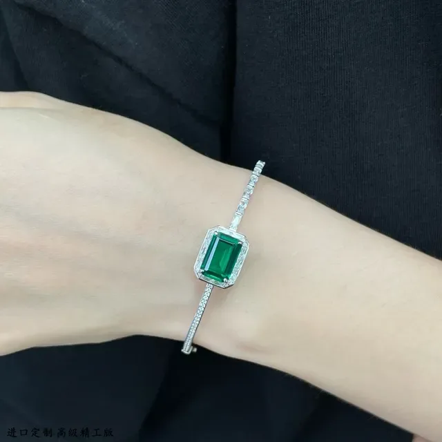 Emerald-Cut Green Gemstone Pavé Diamond Hinged Bangle Bracelet 9