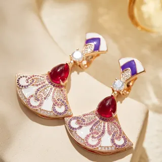 Fan-Shaped Enamel and Ruby Drop Earrings